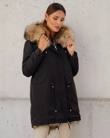 Black reversible winter parka padded with raccoon fur