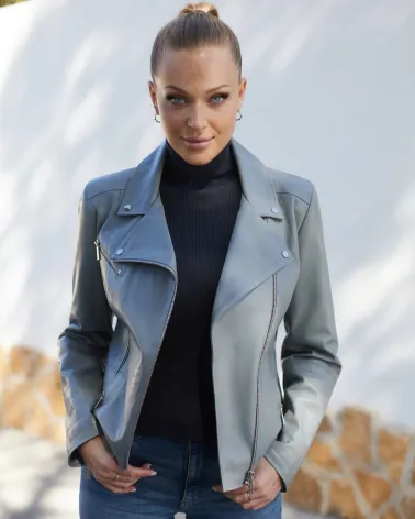 Gray leather biker jacket