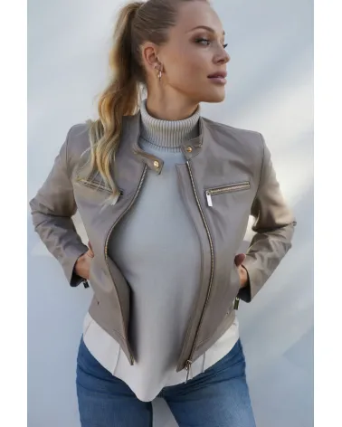 Beige Lederjacke mit Stehkragen