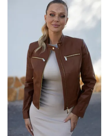 Whiskey leather jacket with a stand-up collar