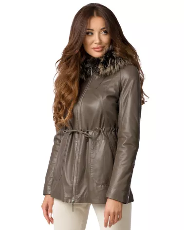 Sale | Dark Beige Leather Jacket with Hood