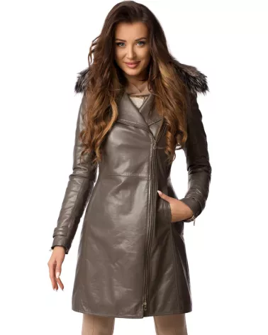 Sale | Dark Beige Leather Coat with Collar