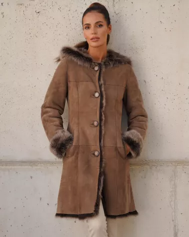 Sale | Walnut suede sheepskin coat with a hood