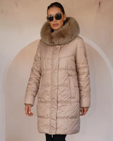 Beige Daunenjacke mit Kapuze