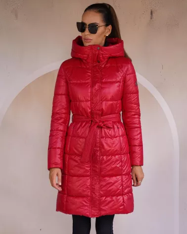 Red down jacket with hood