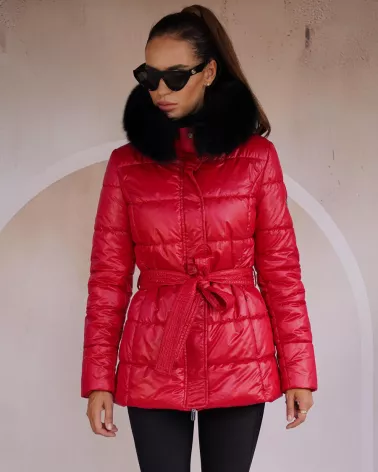 Shiny red medium-lenght winter jacket with hood