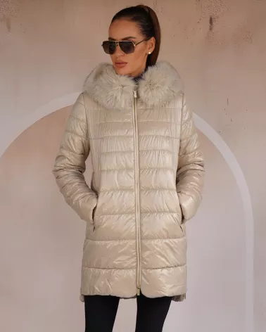 Beige down jacket with a hood