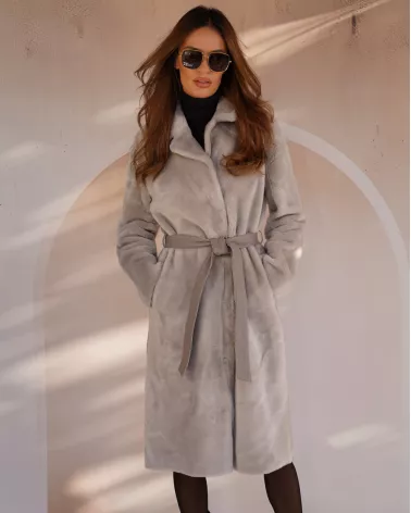 Grey reversible sheepskin coat with a separate belt