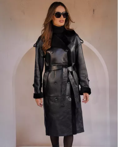 Black long sheepskin coat with separate belt