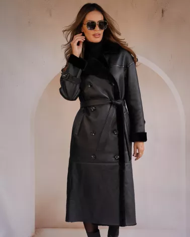 Black long sheepskin coat with separate belt