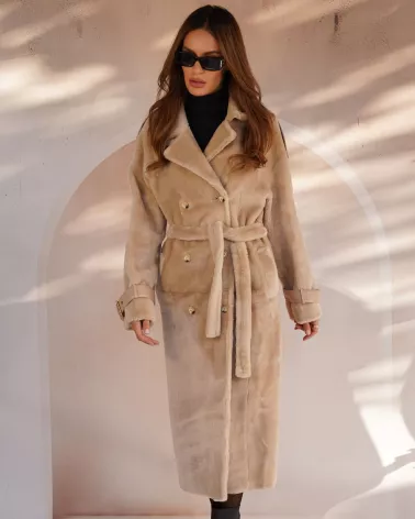 Sand long sheepskin coat with separate belt