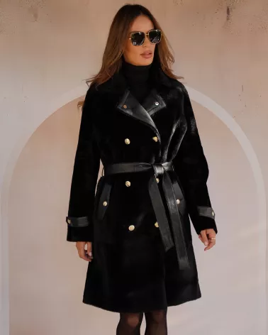 Black sheepskin coat with separate belt