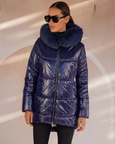 Navy blue down jacket with hood