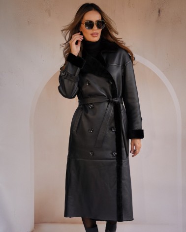 copy of Black long sheepskin coat with separate belt