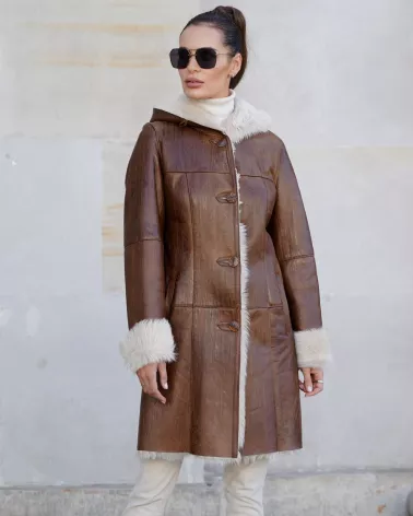 Sale | Camel sheepskin coat with hood