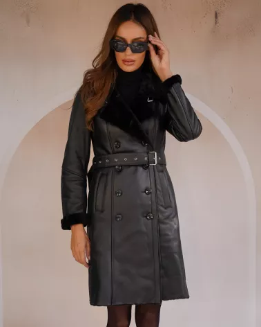 Black sheepskin coat with separate belt