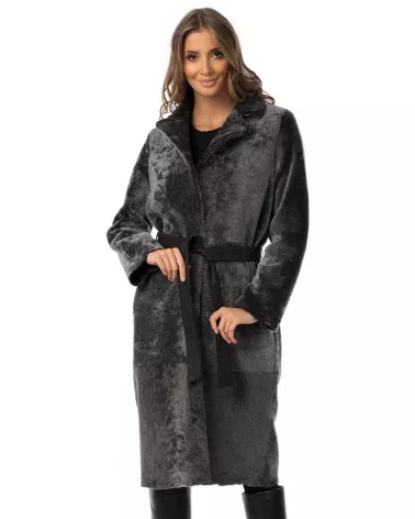 Black reversible sheepskin coat with a separate belt