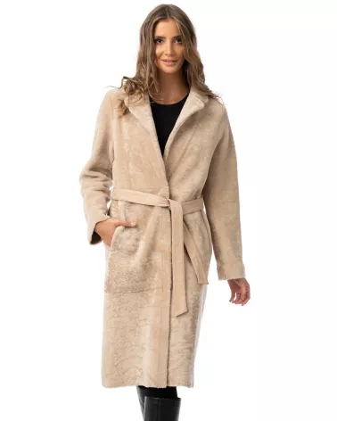 Sand double-sided sheepskin coat with separate belt