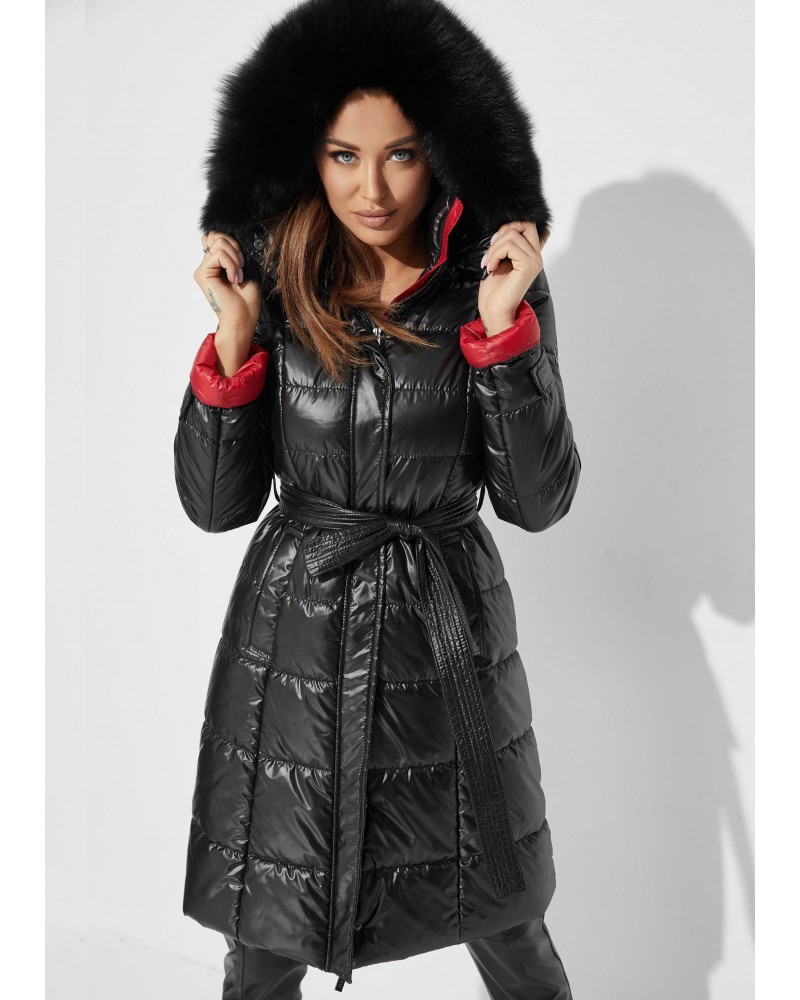 Black winter jacket with fox fur and red lining