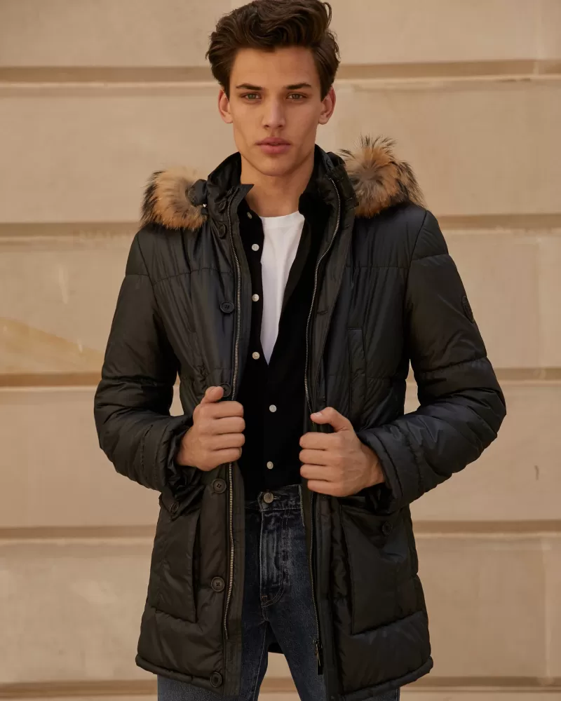 Men's graphite winter jacket with racoon fur