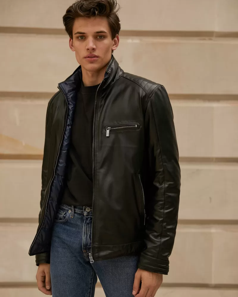 Black reversible padded leather jacket