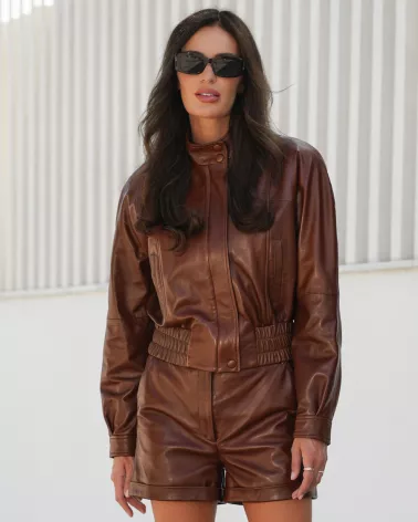 Cognac leather bomber jacket