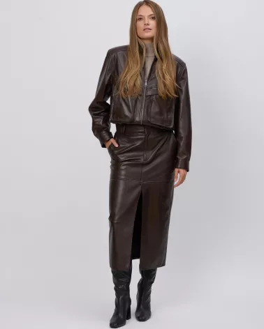 Brown long leather skirt