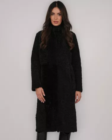 Black reversible sheepskin coat with separate belt