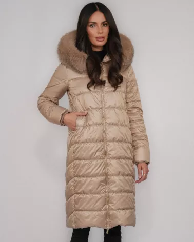 Camel down jacket with a hood