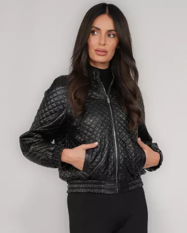 Black quilted leather bomber jacket