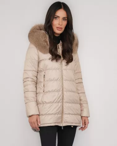 Camel hooded down jacket