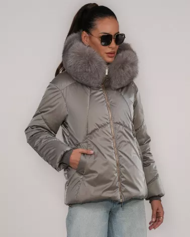 Waterproof hooded down jacket in taupe
