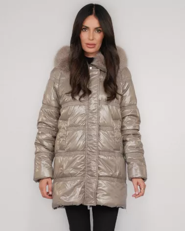 Taupe hooded down jacket