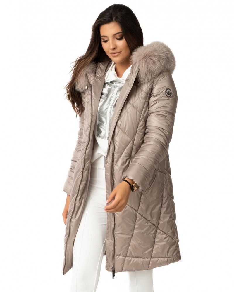 Taupe winter jacket with fox fur