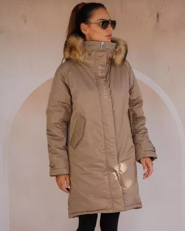 Camelowa wodoodporna kurtka typu parka z kapturem