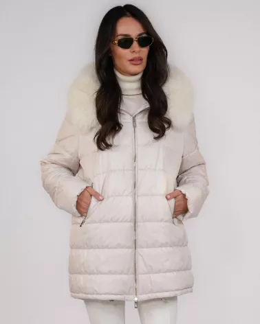Beige hooded down jacket