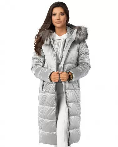 Long silver water repalant jacket with silver fox fur
