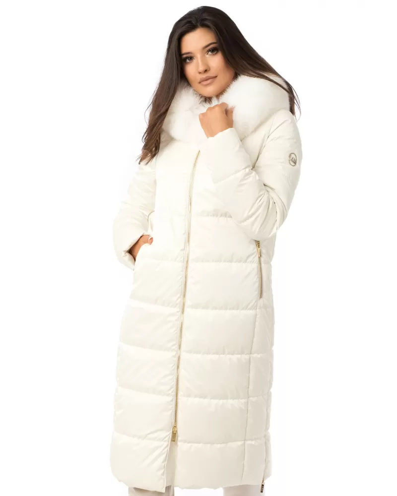 Long ecru winter jacket with fox fur