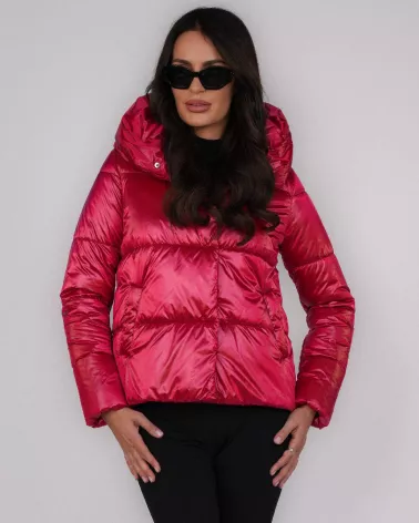 Red hooded down jacket