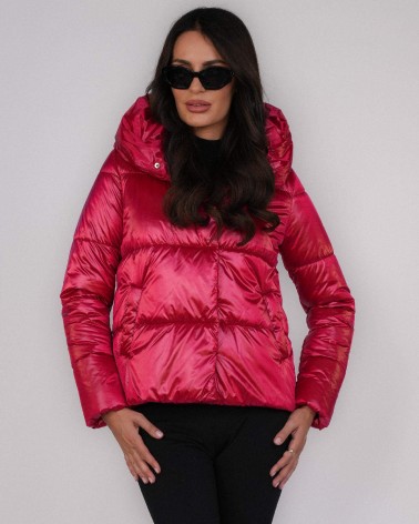 Red hooded down jacket