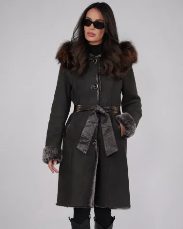 Dark brown sheepskin coat with a hood