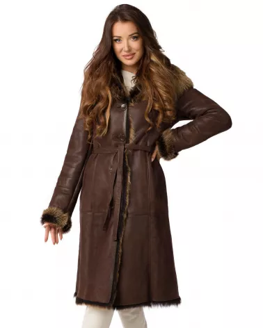 Brown sheepskin coat with a hood
