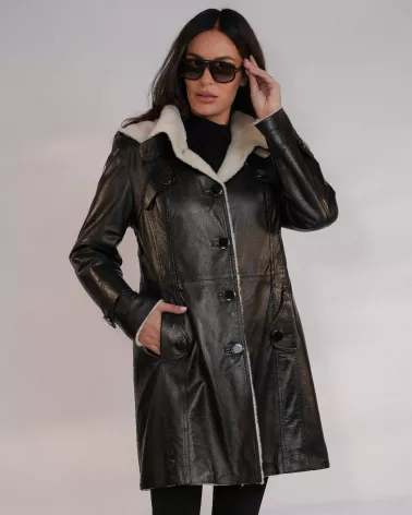 Black sheepskin coat with a hood