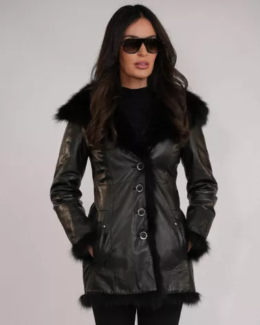 Black sheepskin coat with a hood
