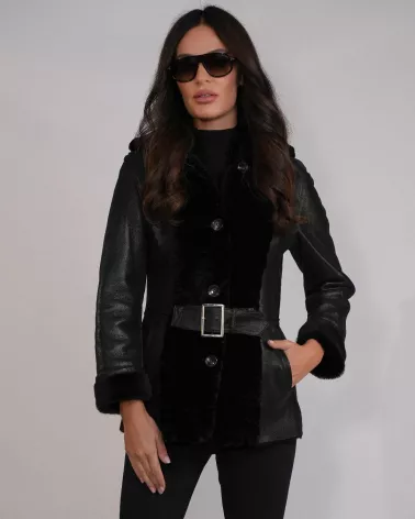 Black sheepskin coat with a shawl collar