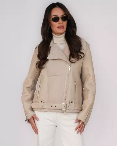 Beige shearling biker jacket