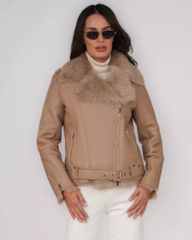 Camel toscana shearling biker jacket