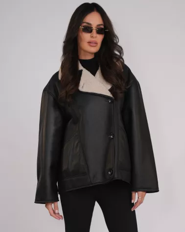 Black sheepskin coat with collar