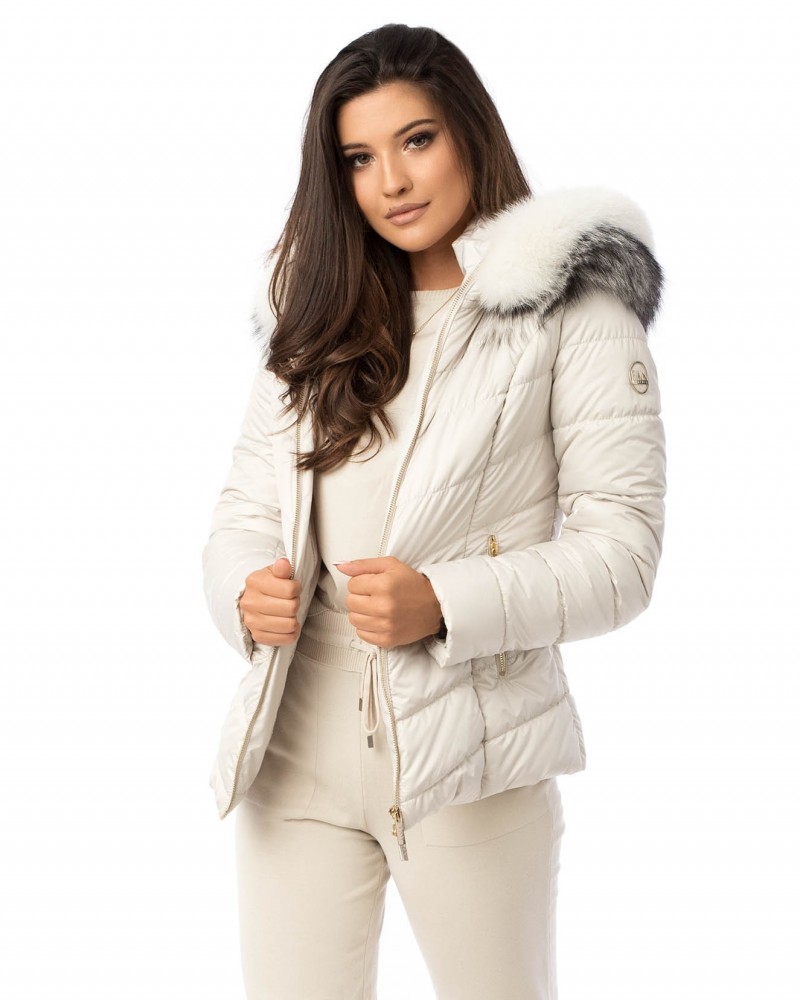 Light beige short winter jacket with fox fur