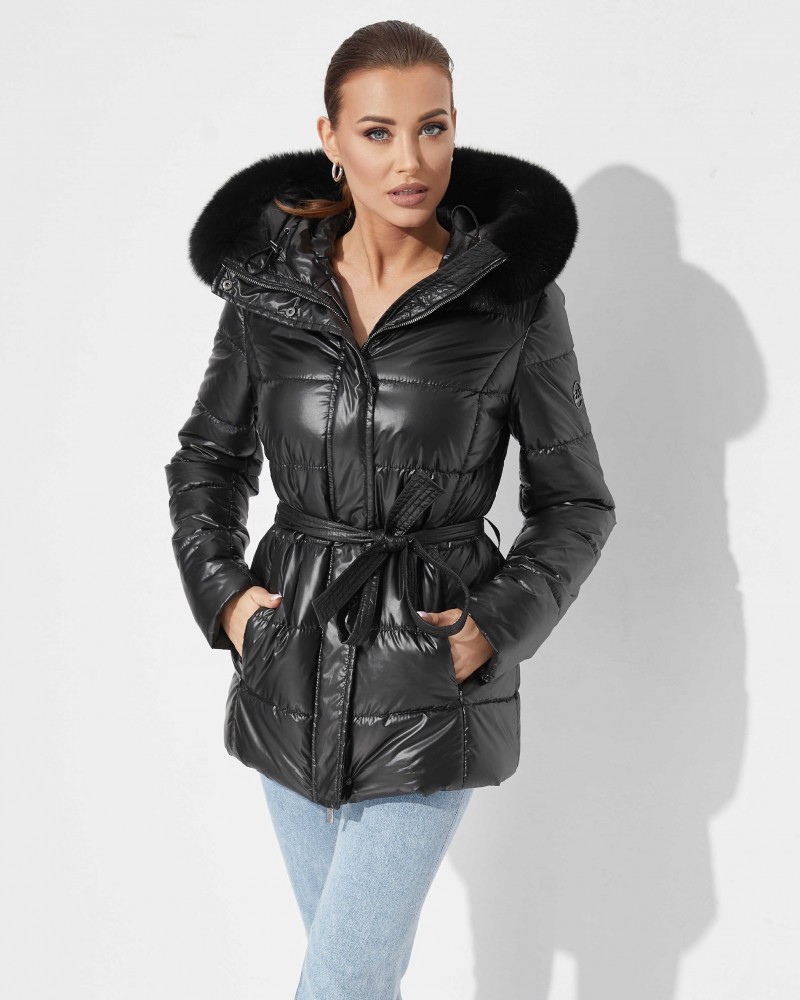 Black padded jacket with fox fur trimmed hood